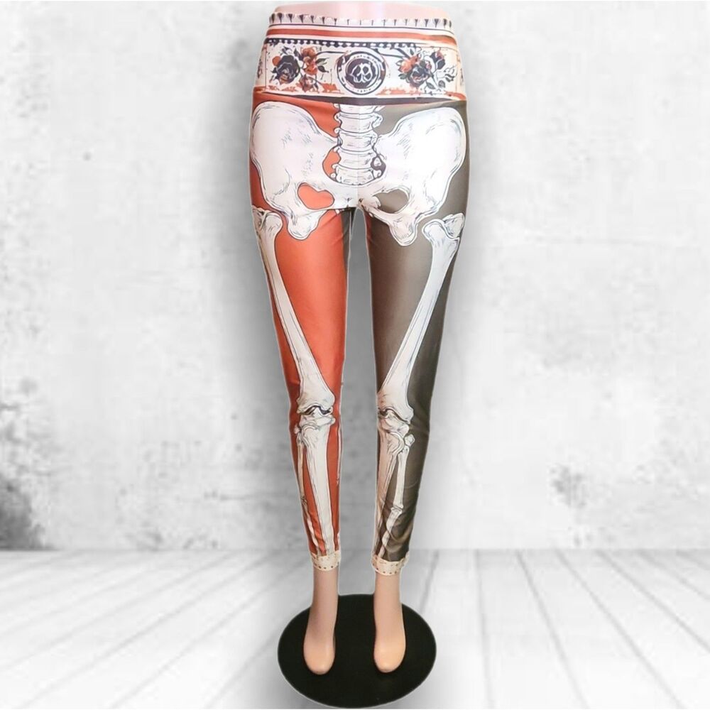 Alt Gothic Skeleton Leggings Split Orange Gray Graphic Core Grunge Pants XL